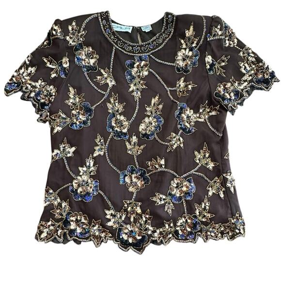 Scala Women's Black Floral 100% Silk Beaded Blouse Top Size Large - Picture 1 of 12